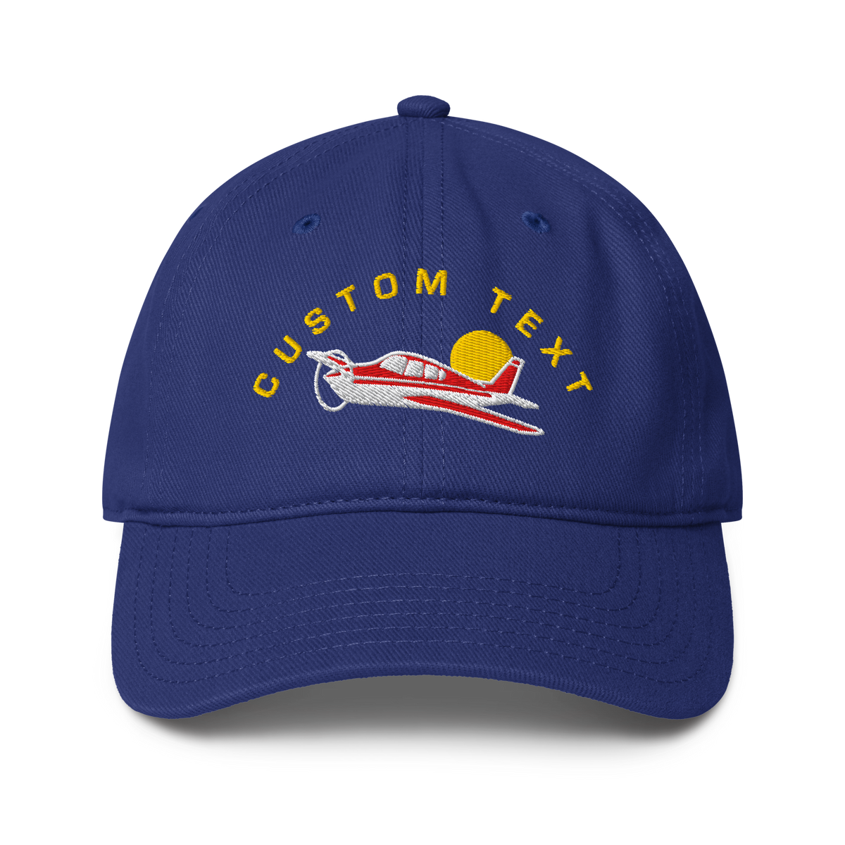 Blue cap with airplane design and 'CUSTOM TEXT' text on a white background