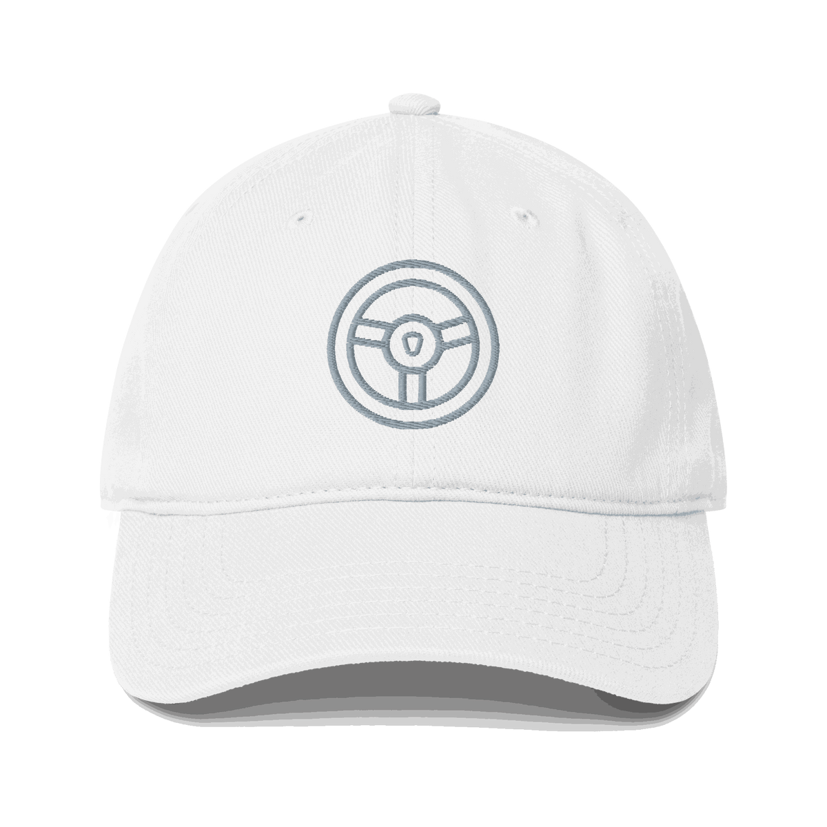 White automotive steering wheel hat with embroidered steering wheel design and curved visor