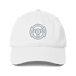 White low-profile automotive hat with embroidered steering wheel logo and adjustable strap