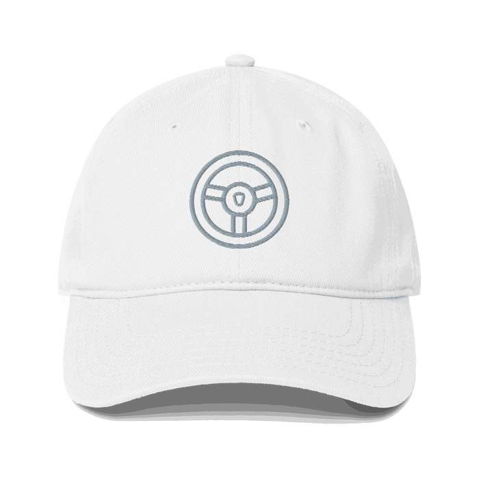 White automotive steering wheel hat with embroidered steering wheel design and curved visor