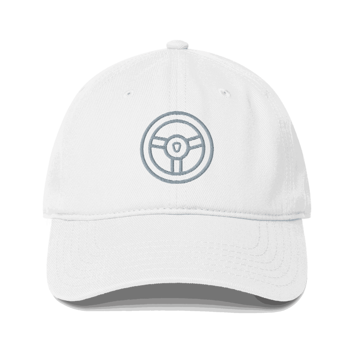 White automotive steering wheel hat with embroidered steering wheel design and curved visor
