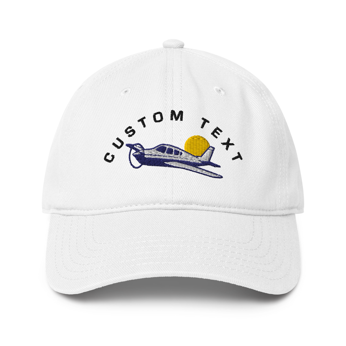 White cap with airplane and sun design and 'Custom Text' text on a white background