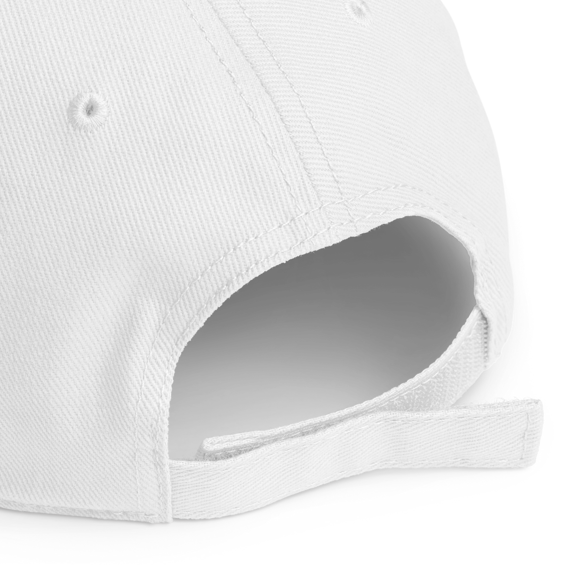 Close-up of a white baseball cap on a light gray background