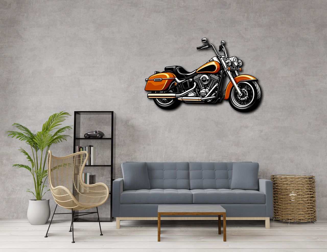 Orange motorcycle metal wall art mounted on gray living room wall above blue sofa