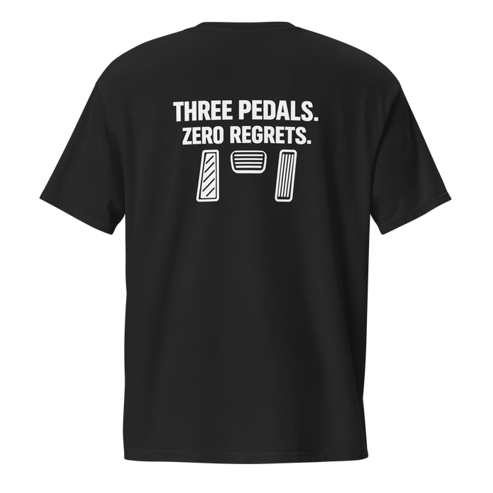 Back view of a black manual transmission t-shirt with the text 'THREE PEDALS. ZERO REGRETS.' in white.