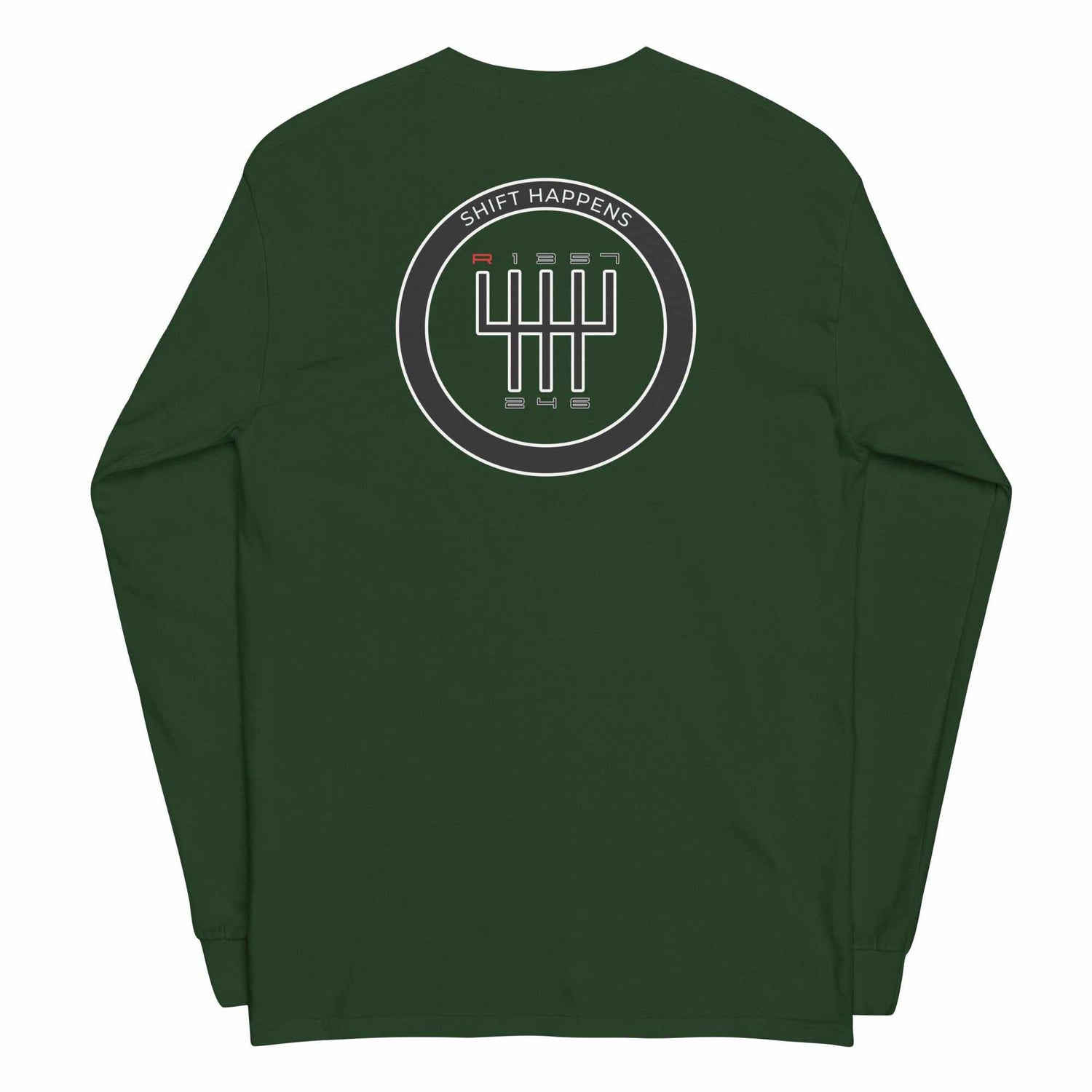Green Shift Happens long sleeve t-shirt with gear shift design on back, 100% cotton, classic fit