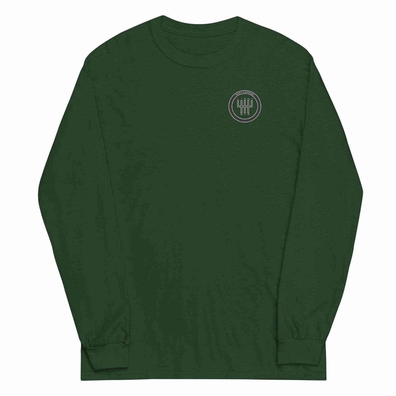 Shift Happens Long Sleeve T-Shirt in dark green with ribbed cuffs and small gear shift logo on chest, made of 100% cotton for men’s casual wear