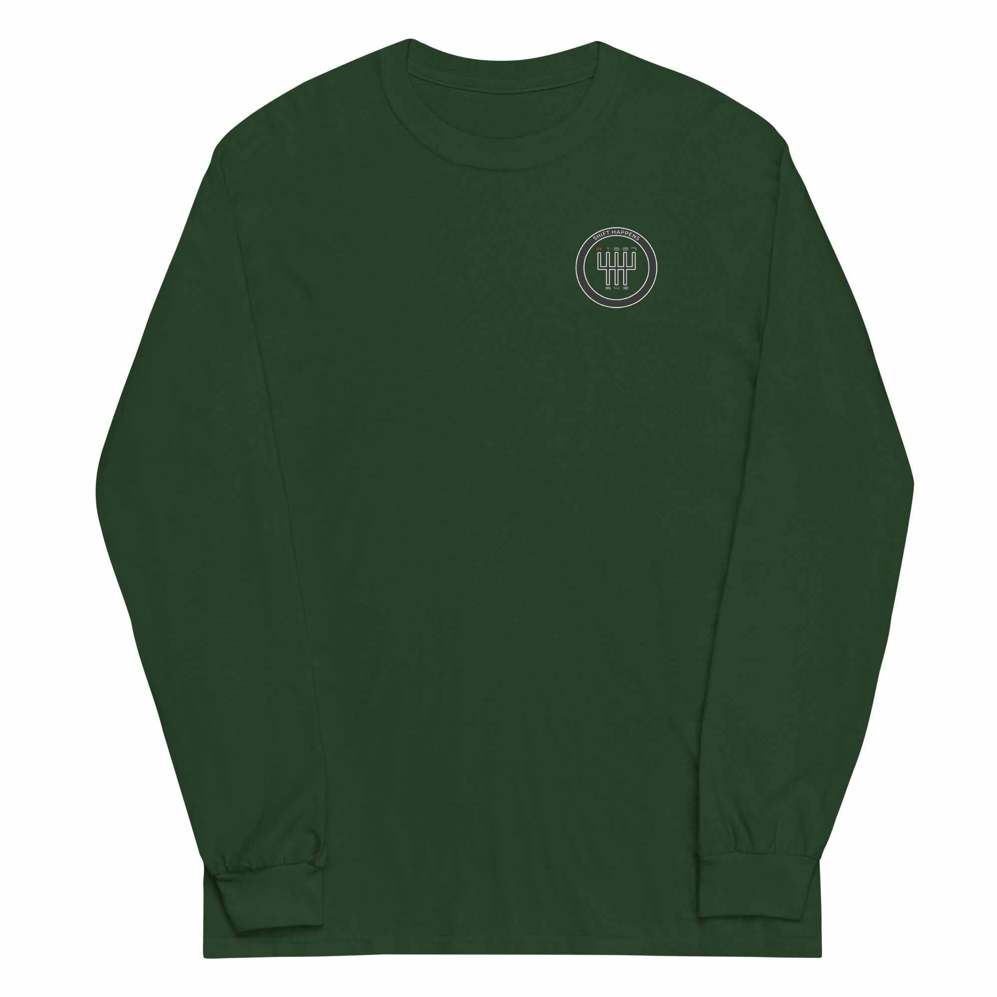 Shift Happens Long Sleeve T-Shirt in dark green with ribbed cuffs and small gear shift logo on chest, made of 100% cotton for men’s casual wear