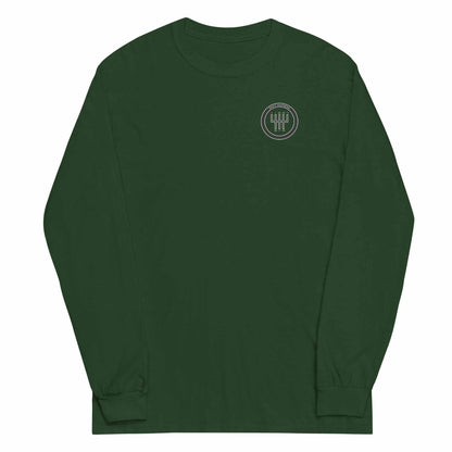 Shift Happens Long Sleeve T-Shirt in dark green with ribbed cuffs and small gear shift logo on chest, made of 100% cotton for men’s casual wear