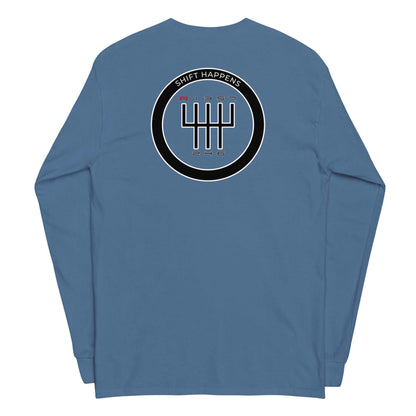 Blue Shift Happens Long Sleeve T-Shirt with gear shift graphic and rib cuffs