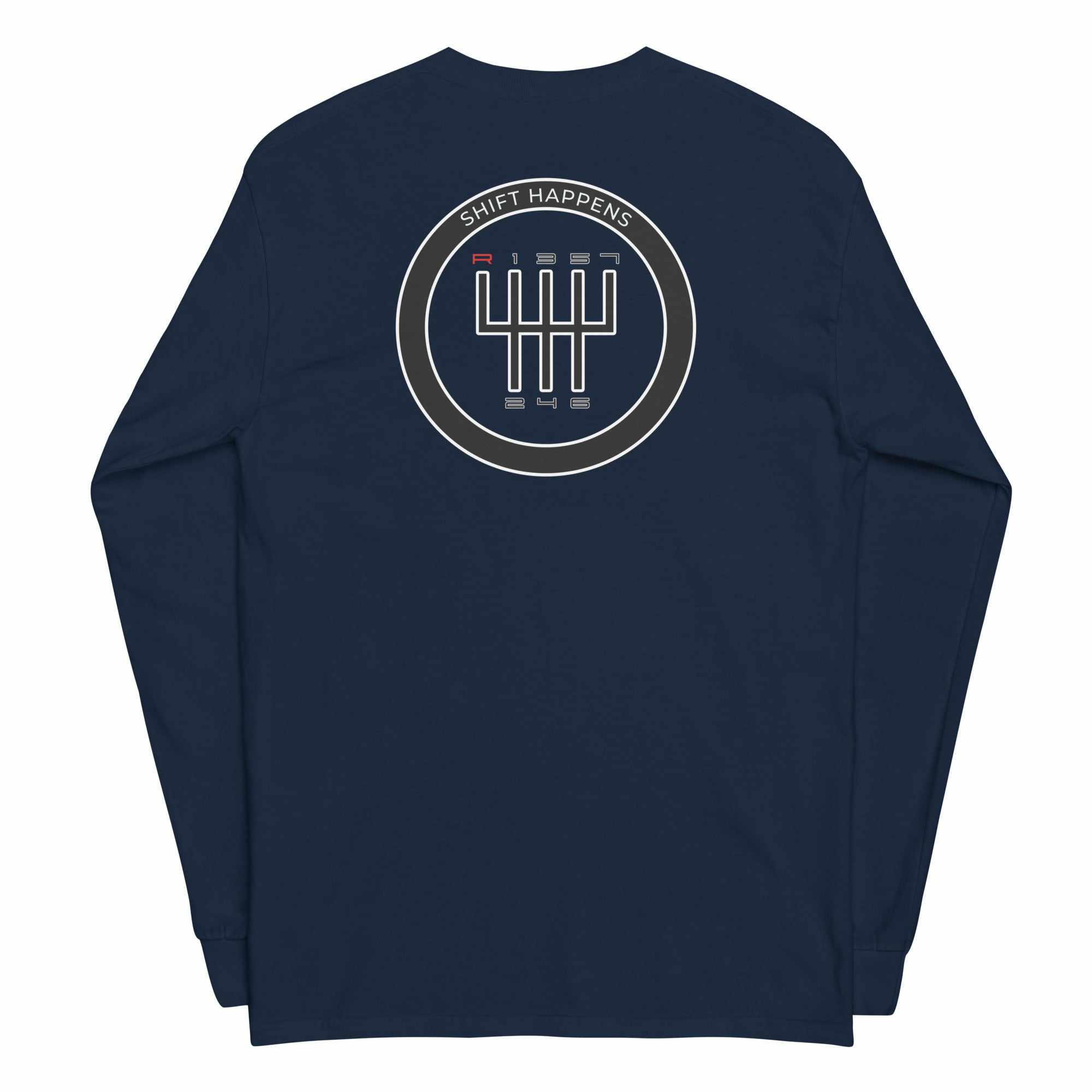 Shift Happens Long Sleeve T-Shirt navy blue with gear shift graphic and ribbed cuffs.