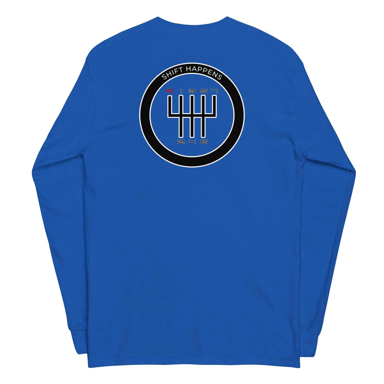 Blue Shift Happens Long Sleeve T-Shirt featuring gear shift graphic on back, 100% cotton, classic fit with ribbed cuffs