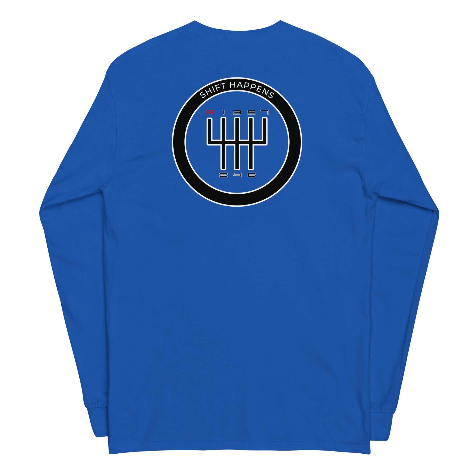 Blue Shift Happens Long Sleeve T-Shirt featuring gear shift graphic on back, 100% cotton, classic fit with ribbed cuffs