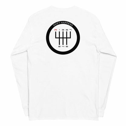 White Shift Happens Long Sleeve T-Shirt with black gear shift graphic on back, made of 100% cotton with classic fit and ribbed cuffs