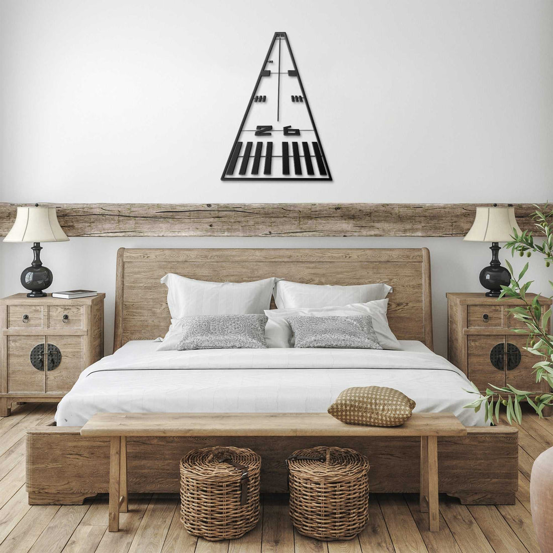 Metal Wall Art Runway airplane sign in modern bedroom above wooden bed