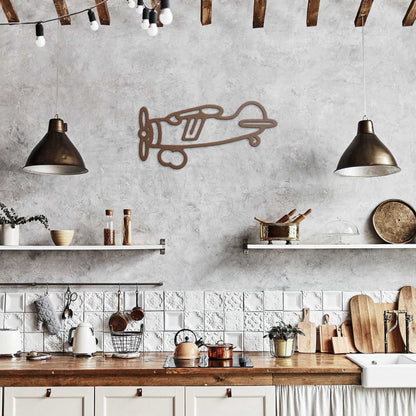 Vintage airplane metal wall art in industrial kitchen decor setting