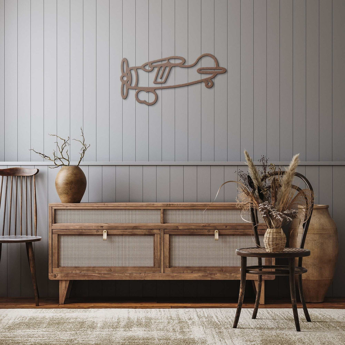 Vintage airplane metal wall art in black industrial style for home office decor