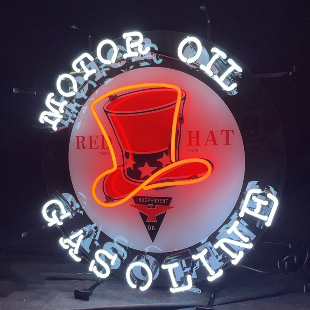 Motor Oil Gasoline Red Hats Neon Signs Light - Prop and Piston