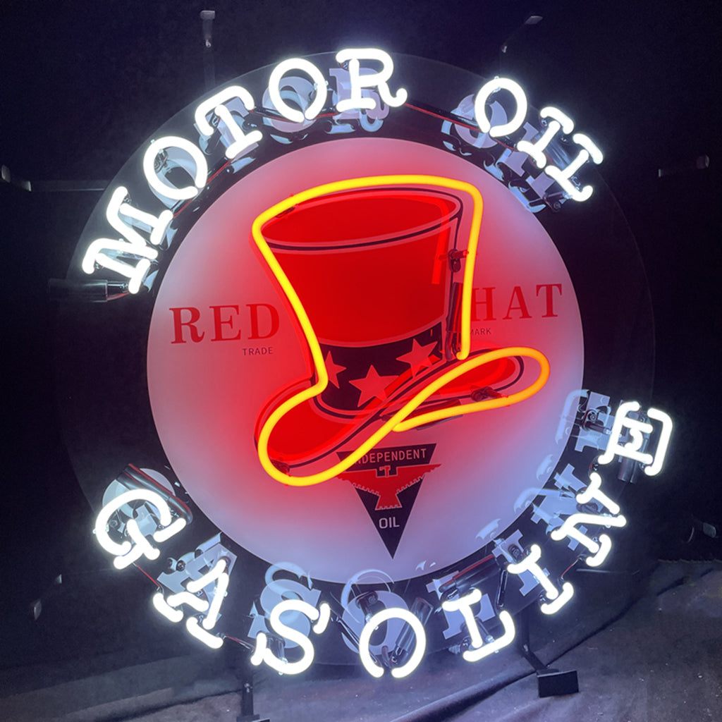 Motor Oil Gasoline Red Hats Neon Signs Light - Prop and Piston