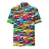 Colorful Mustang button up shirt with vibrant car print, lightweight, moisture-wicking, oversized fit, UPF50+ protection