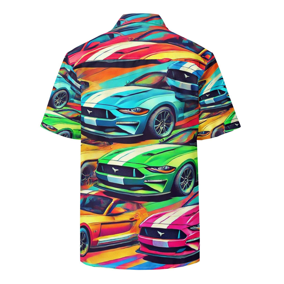 Colorful Mustang button up shirt with vibrant car graphics, oversized fit, and breathable moisture-wicking fabric for summer.