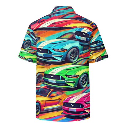 Colorful Mustang button up shirt with vibrant car graphics, oversized fit, and breathable moisture-wicking fabric for summer.