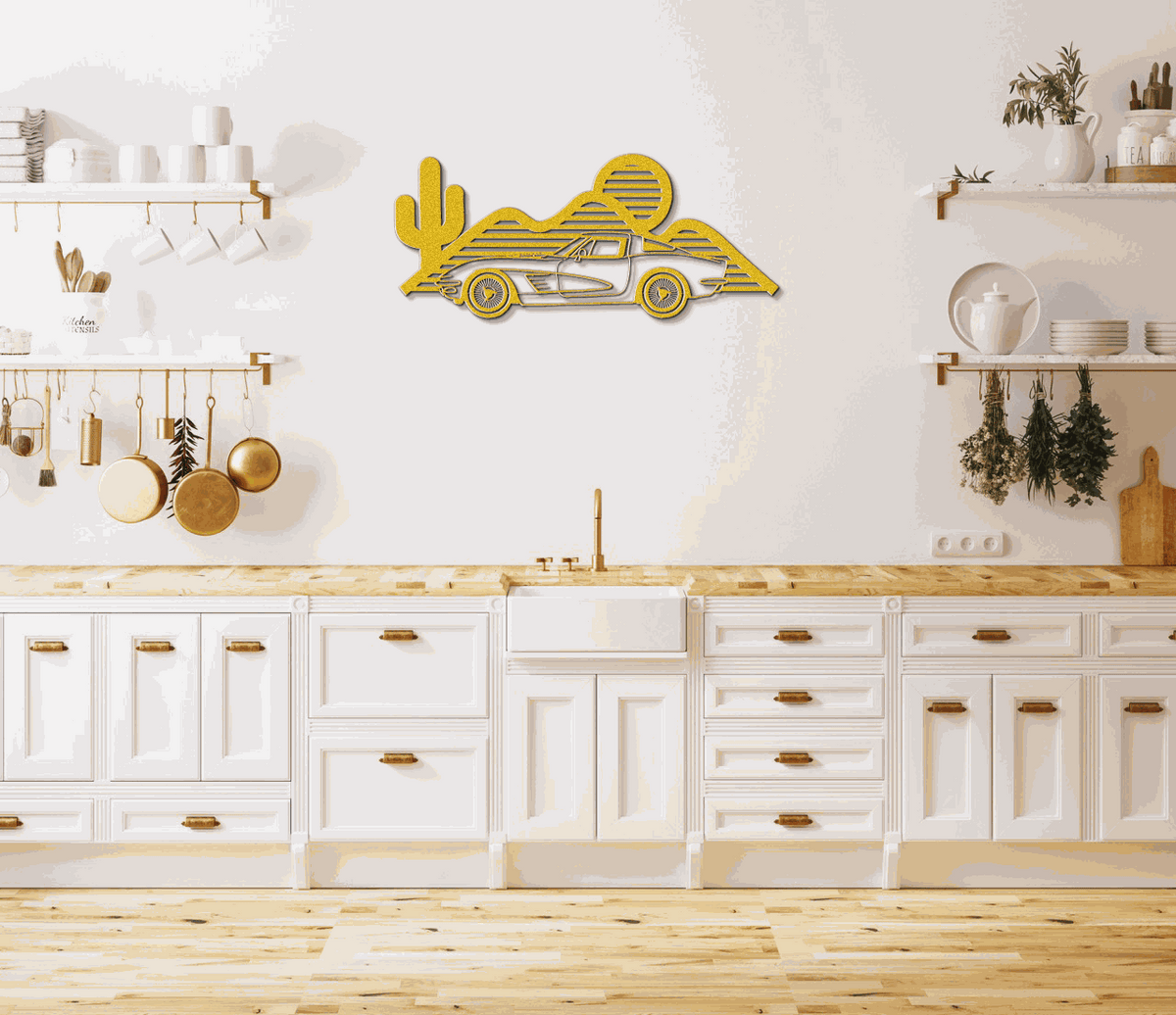 Laser-cut Corvette silhouette wall art in durable powder-coated steel for garages and man caves