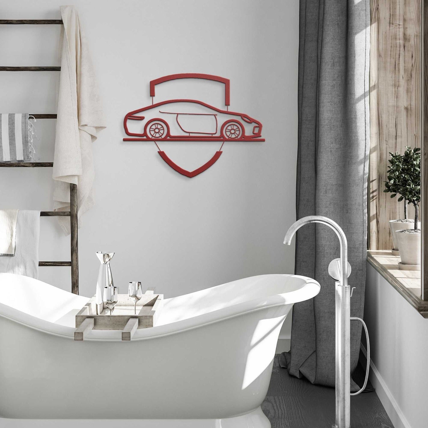 Elegant metal sign with red car emblem mounted on white bathroom wall above bathtub