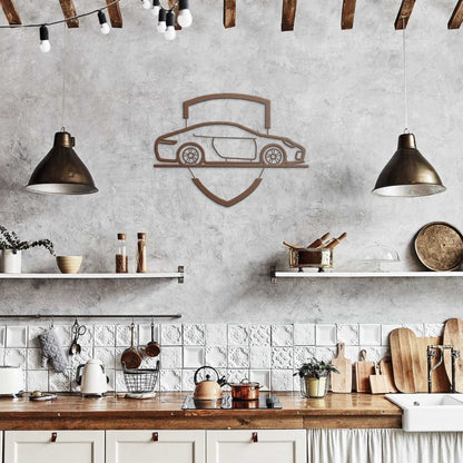 Elegant metal sign car emblem wall decor in rustic kitchen setting