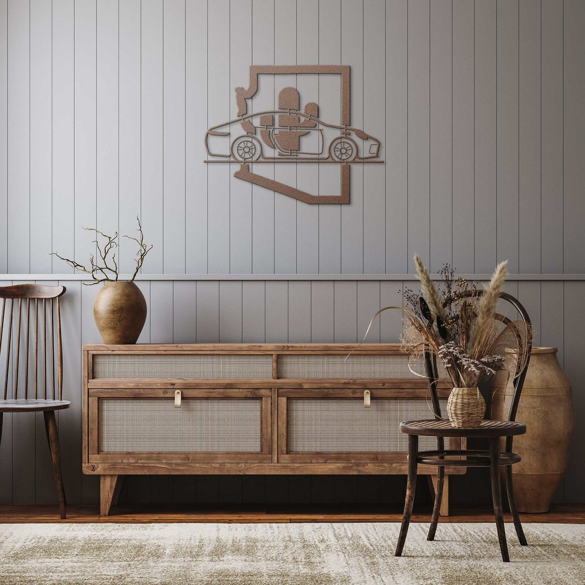 Nine Eleven Arizona cactus wall art made from powder-coated steel, desert and motorsport-themed decor for indoor and outdoor use.