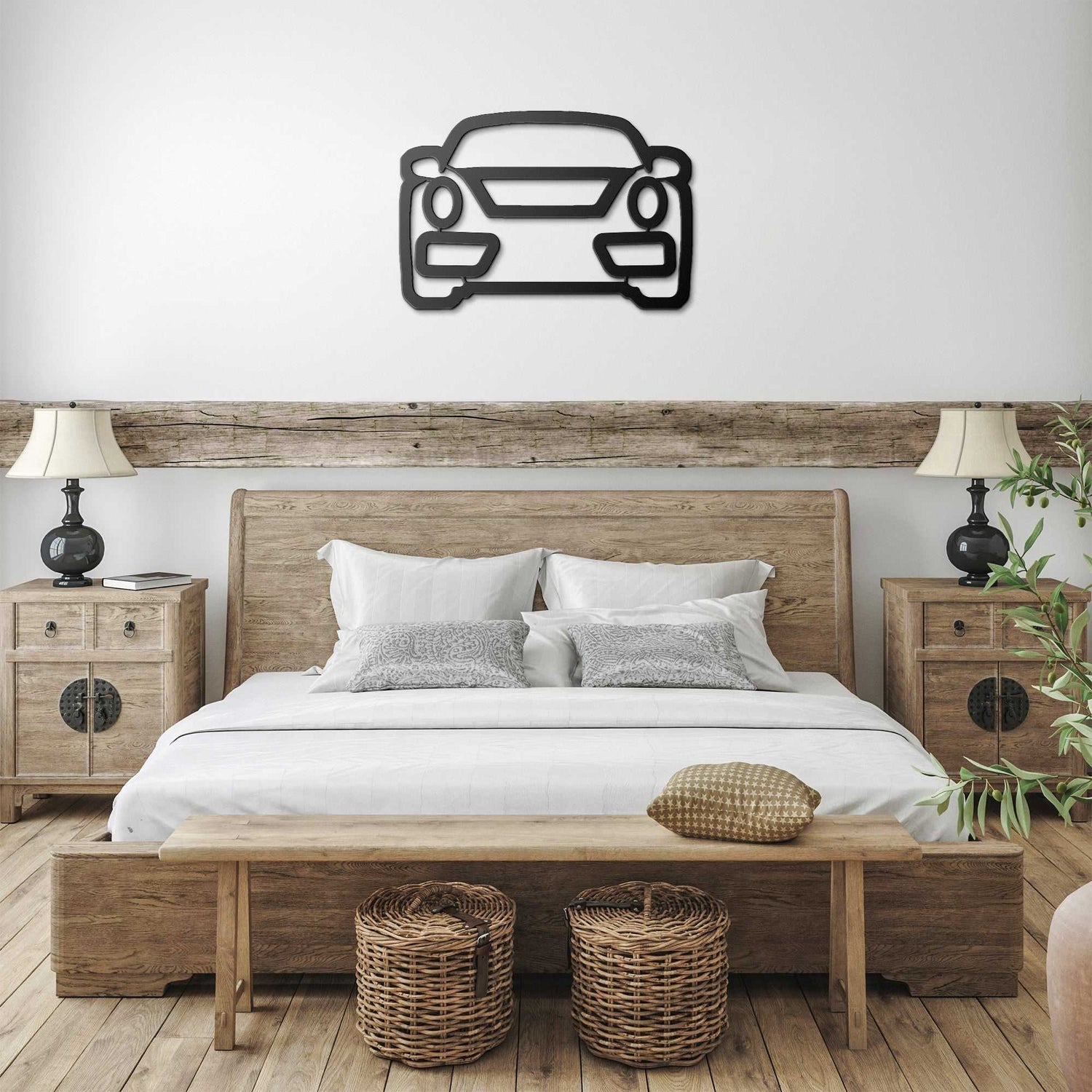 metal wall art car silhouette above wooden bed in modern bedroom