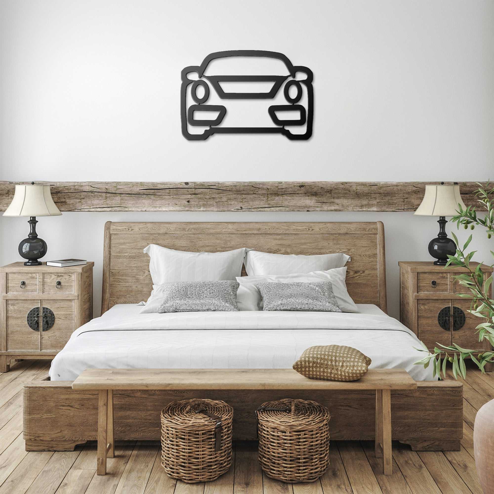 metal wall art car silhouette above wooden bed in modern bedroom