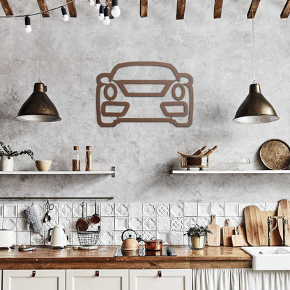 Metal wall art car design in rustic kitchen with concrete wall and wooden shelves