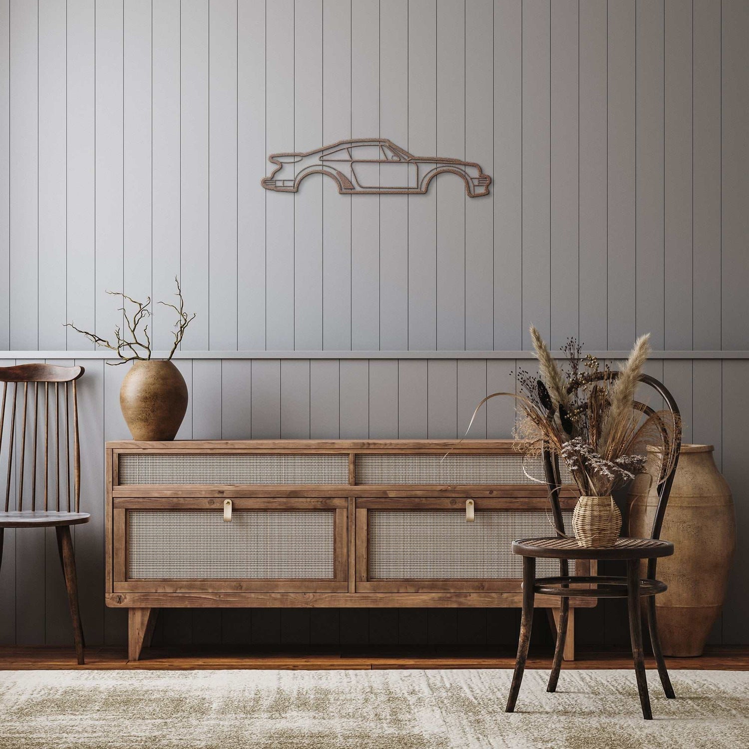 metal wall art nine thirty silhouette car design in rustic room with wooden furniture