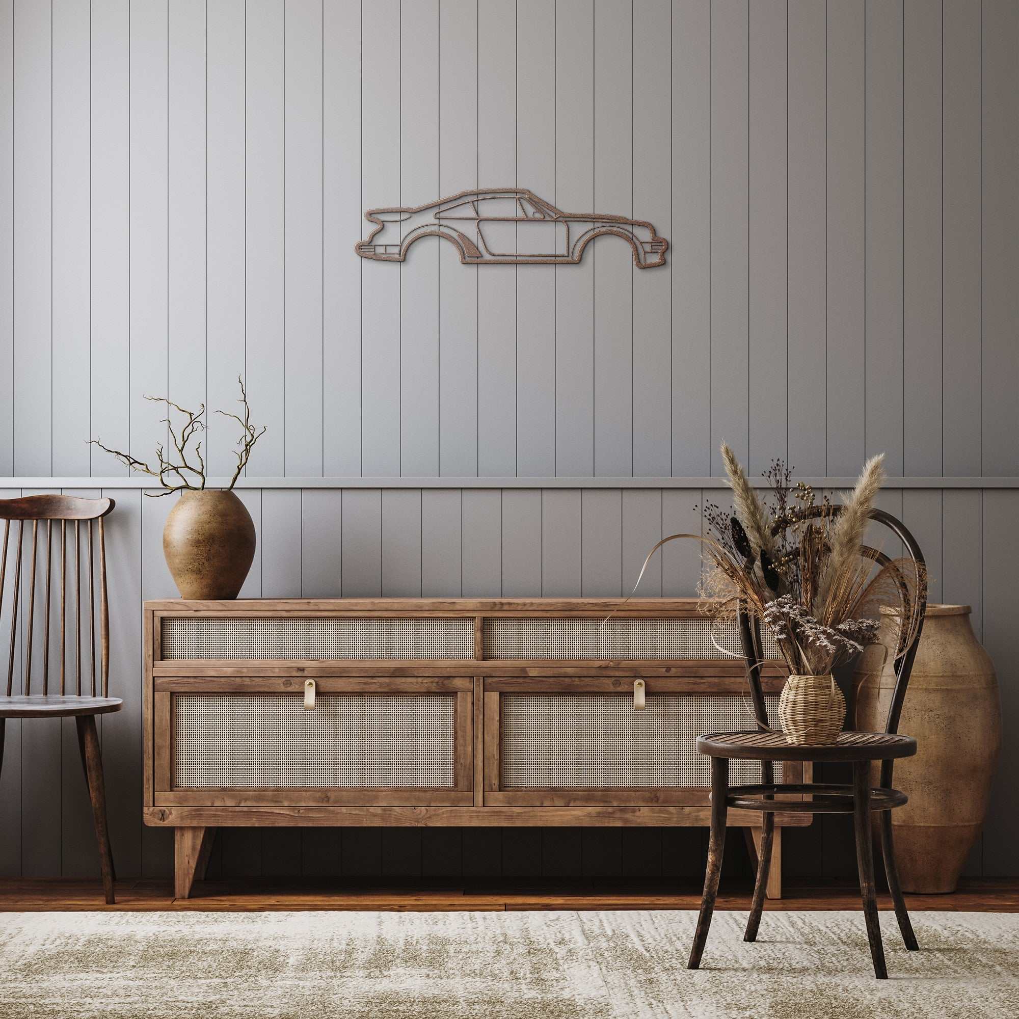 metal wall art nine thirty silhouette car design in rustic room with wooden furniture