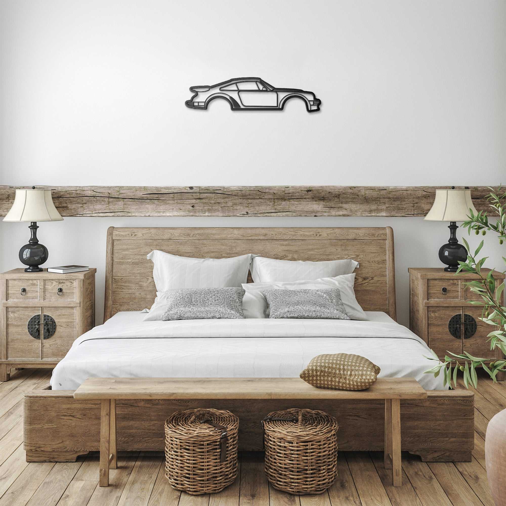 Metal Wall Art Nine Thirty Silhouette in black steel above bed in rustic bedroom