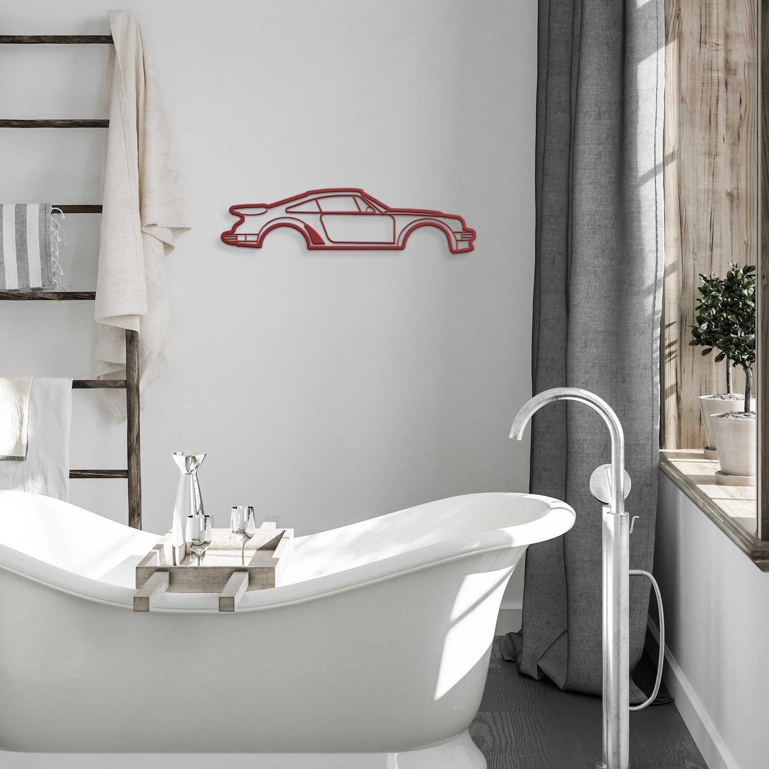 Red metal wall art car silhouette above bathtub in modern bathroom