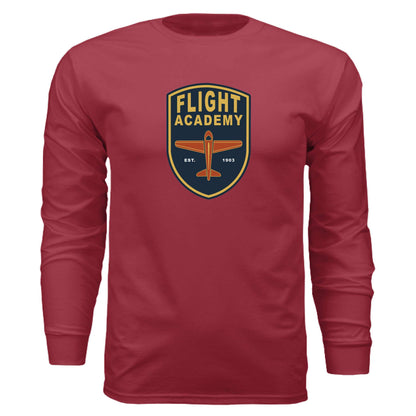 Flight Academy long sleeve t-shirt in red with aviation logo, made from 100% combed cotton, tailored fit and ribbed cuffs