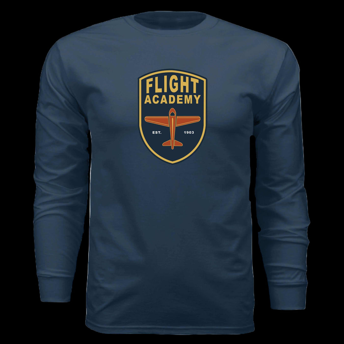 Flight Academy long sleeve t-shirt in navy blue with embroidered airplane logo and fitted ribbed cuffs