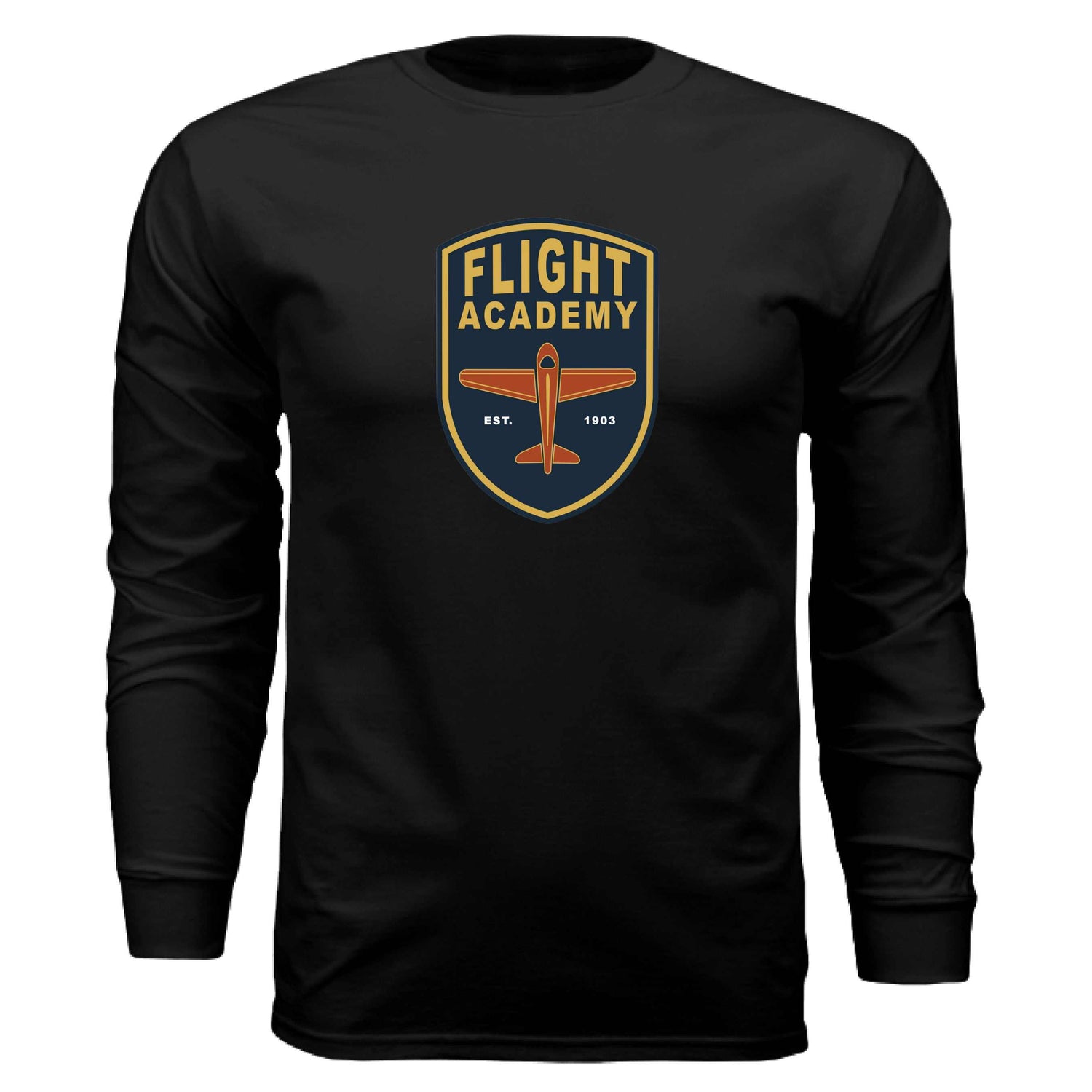Flight Academy long sleeve t-shirt in black with airplane logo, tailored fit, ribbed cuffs, 100% combed cotton