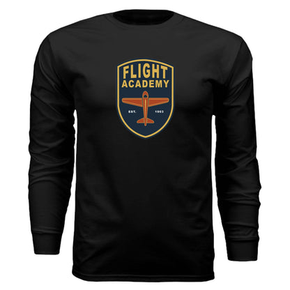 Flight Academy long sleeve t-shirt in black with airplane logo, tailored fit, ribbed cuffs, 100% combed cotton