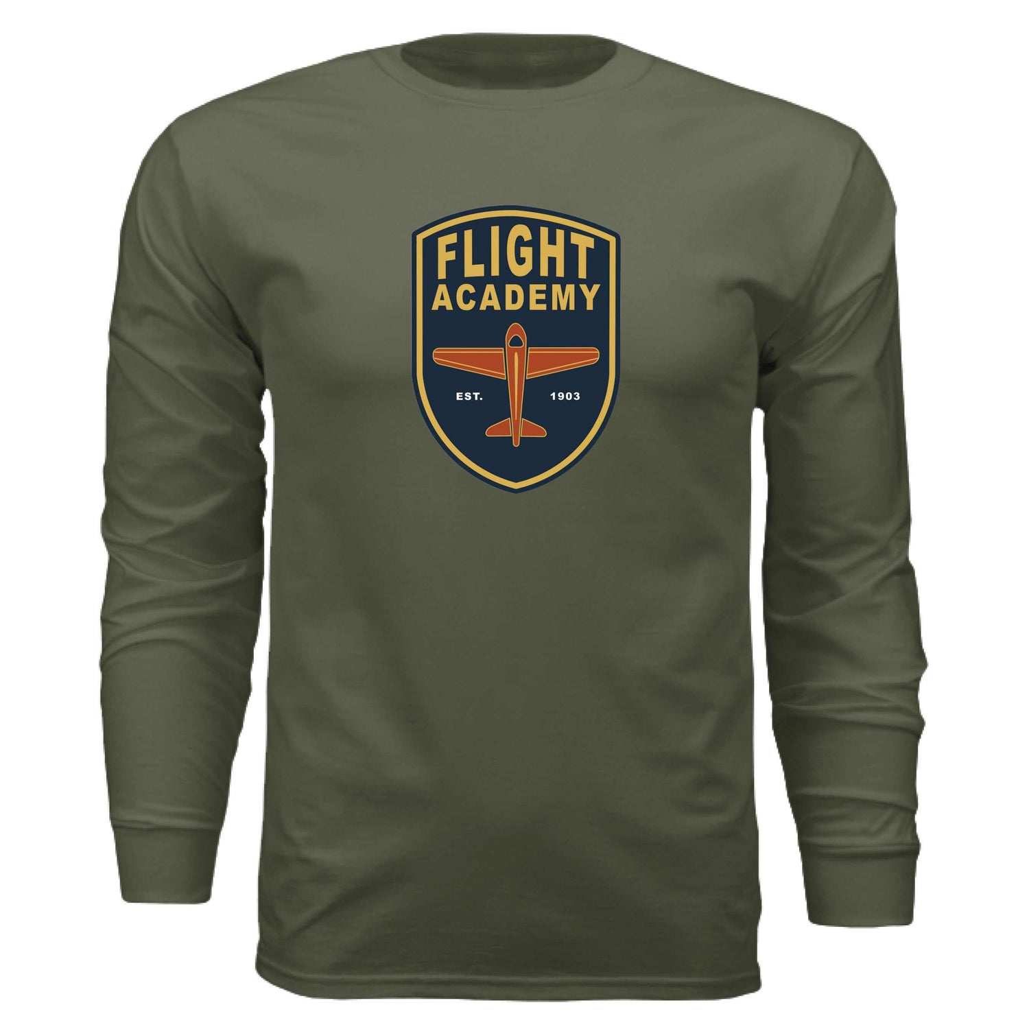 Flight academy long sleeve t-shirt with airplane logo in olive green color