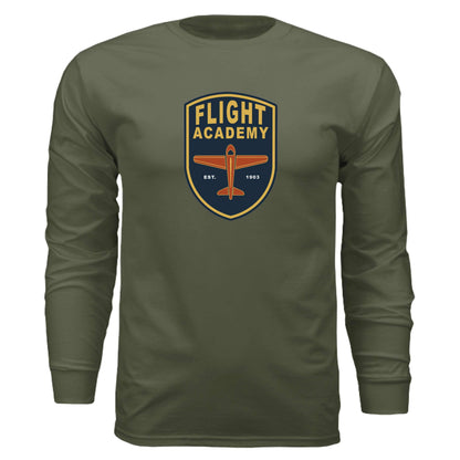 Flight academy long sleeve t-shirt with airplane logo in olive green color