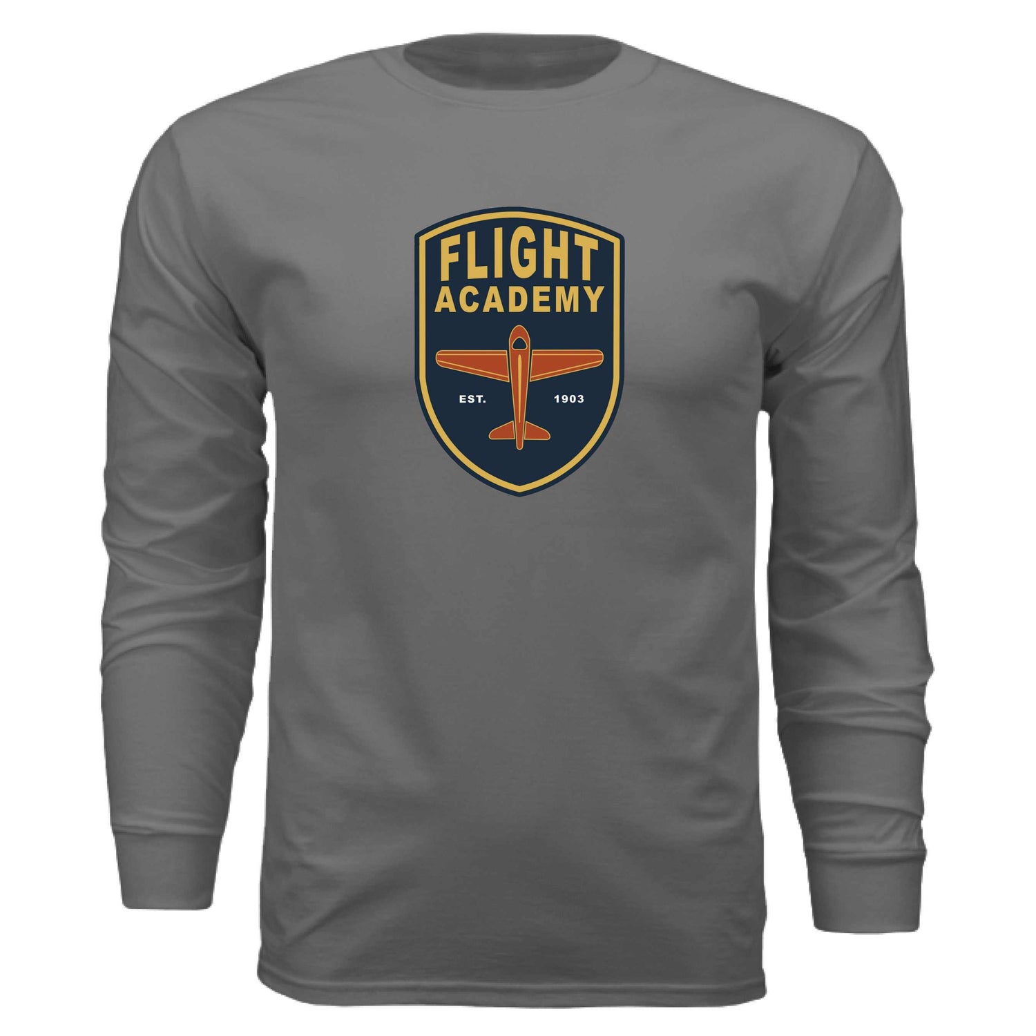 Flight academy long sleeve t-shirt in grey with yellow and orange airplane logo, ribbed cuffs, and fitted shape