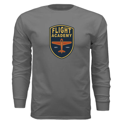 Flight academy long sleeve t-shirt in grey with yellow and orange airplane logo, ribbed cuffs, and fitted shape