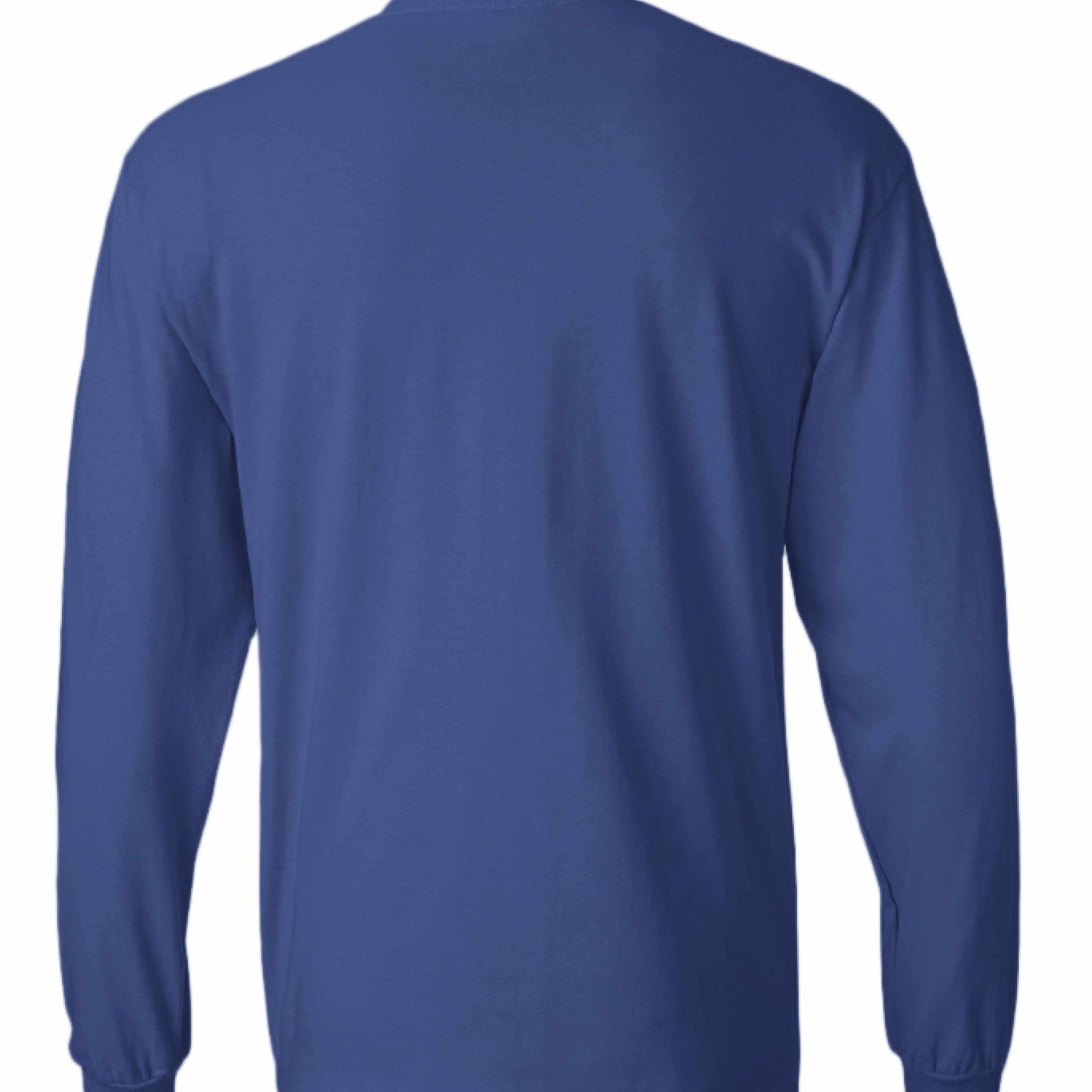 Back view of Motor Works long sleeve T-shirt in blue for car lovers, made of 100% ringspun cotton
