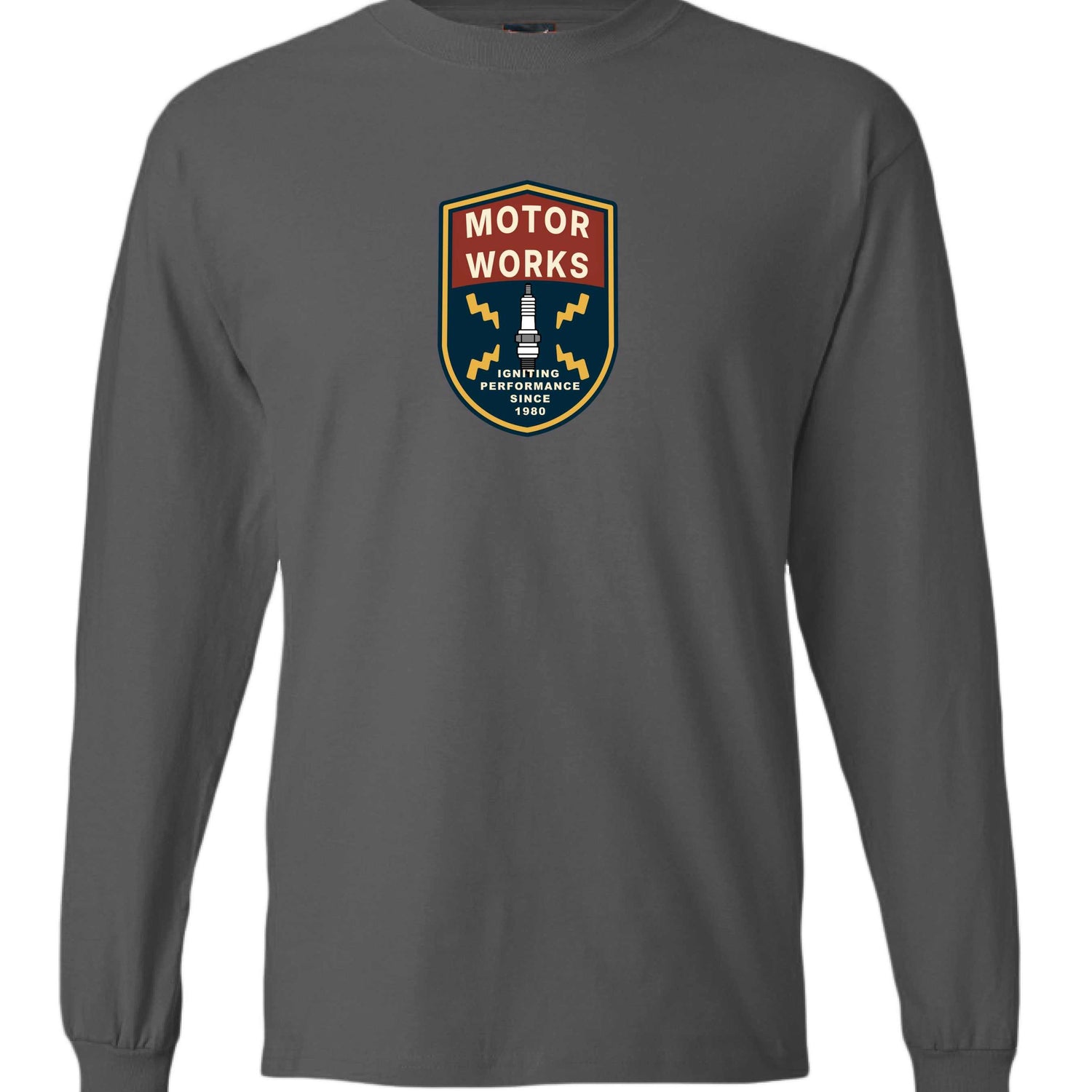 Motor Works long sleeve T-Shirt with retro garage logo for car lovers in dark gray cotton