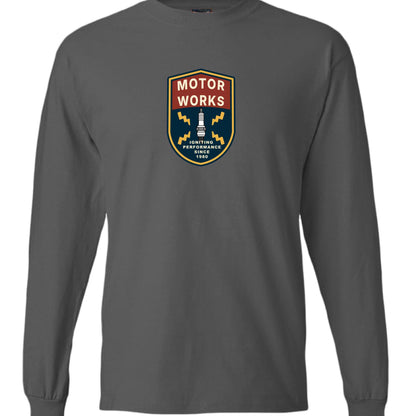 Motor Works long sleeve T-Shirt with retro garage logo for car lovers in dark gray cotton