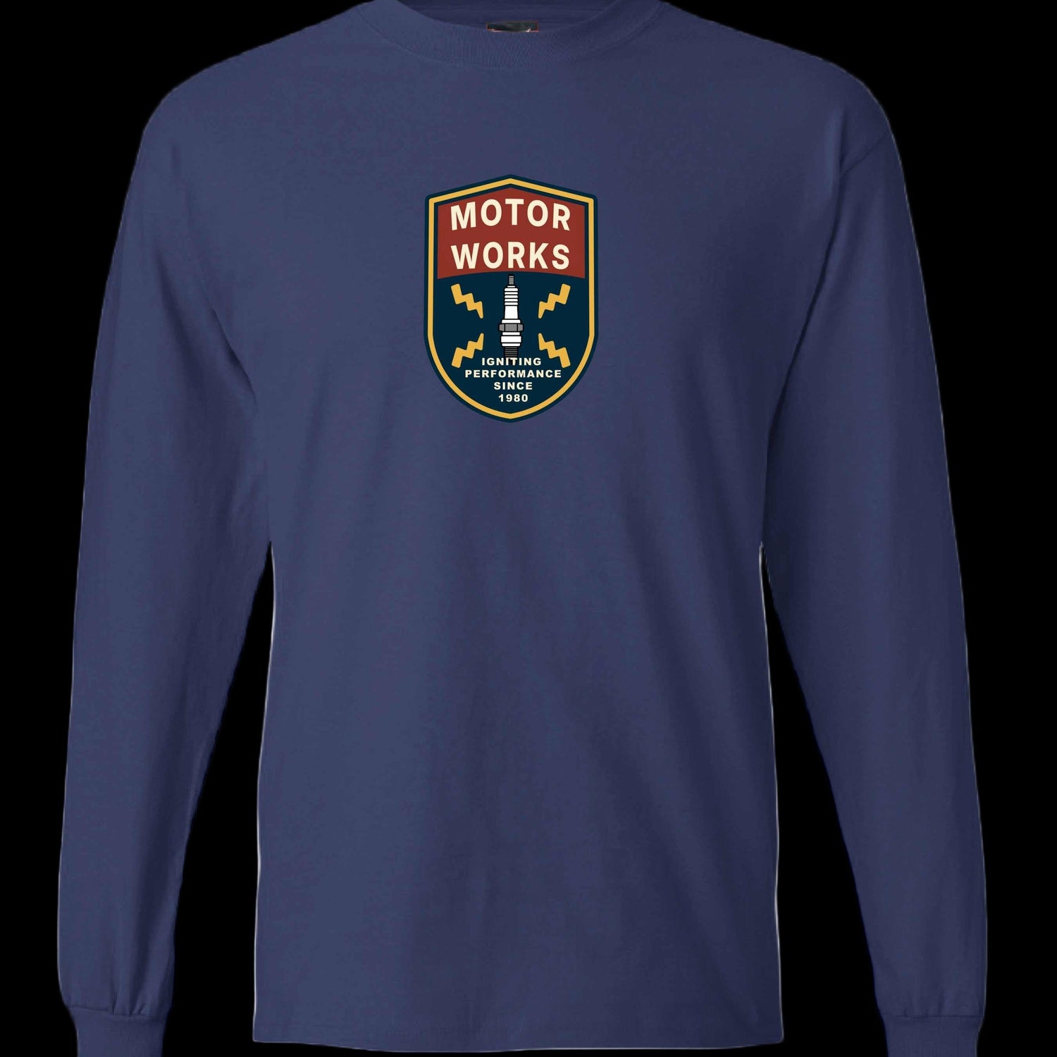 Motor Works long sleeve T-Shirt with retro garage design for car lovers in navy blue