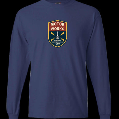 Motor Works long sleeve T-Shirt with retro garage design for car lovers in navy blue